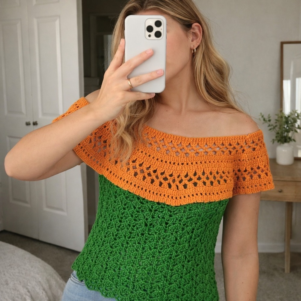 Open Knit Crochet Sweater Womens Small Green Orange Festival‎